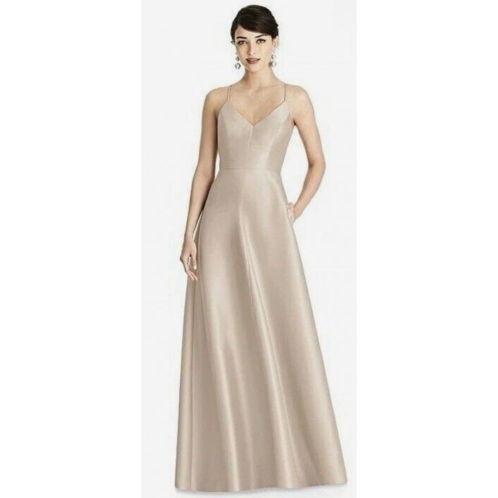 NWT Alfred Sung Champagne V Neck Spaghetti Strap Formal‎ Maxi Gown Size 4R